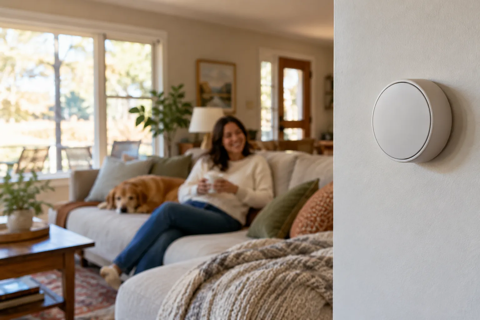A comfortable living room with a modern thermostat on the wall in the De Soto area